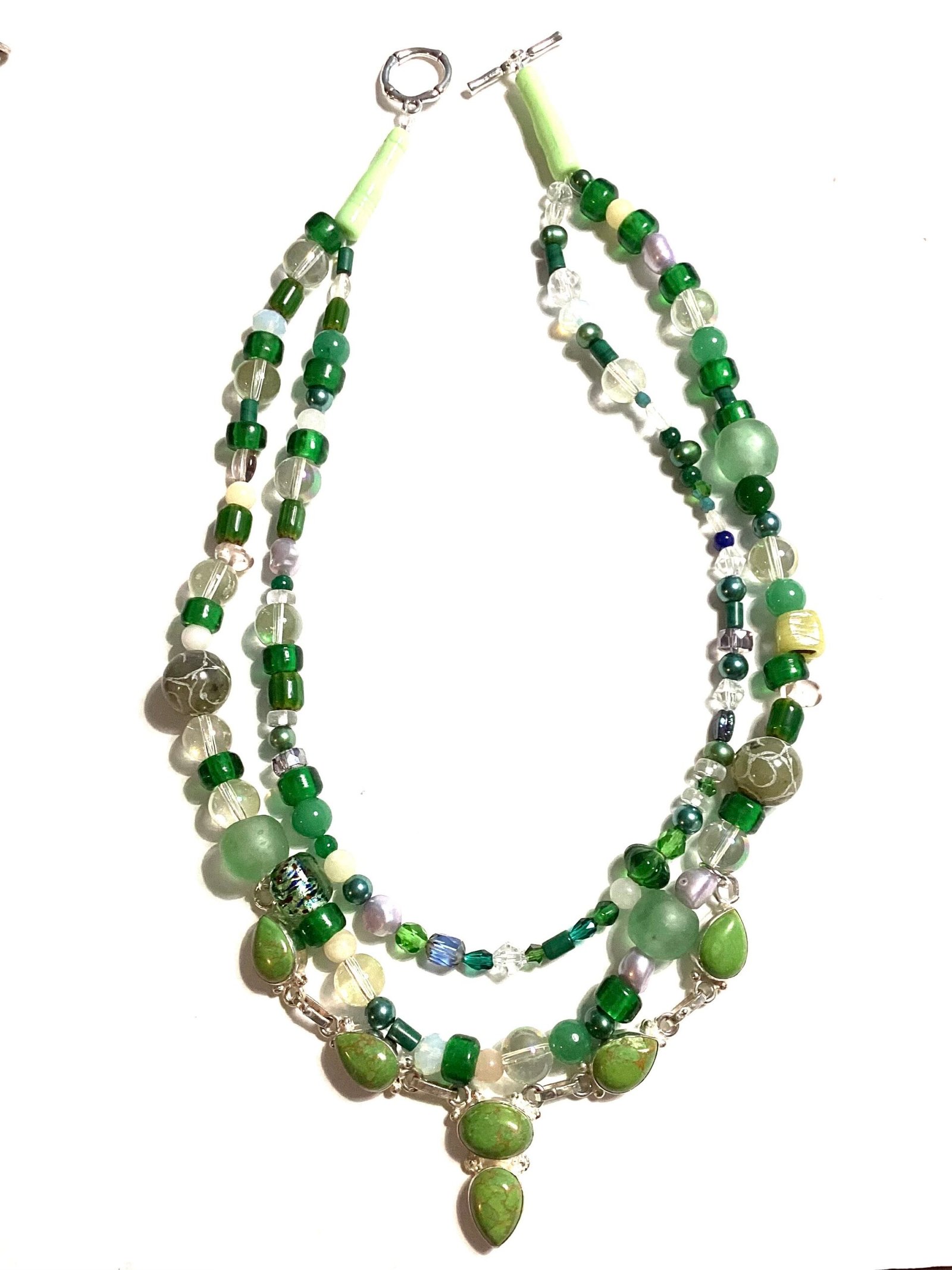 Double strand mixed green gems and glass beads