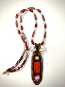 copper wrapped red coral pearl amethyst
