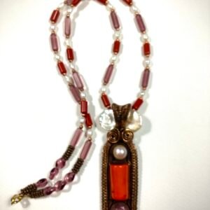 copper wrapped red coral pearl amethyst