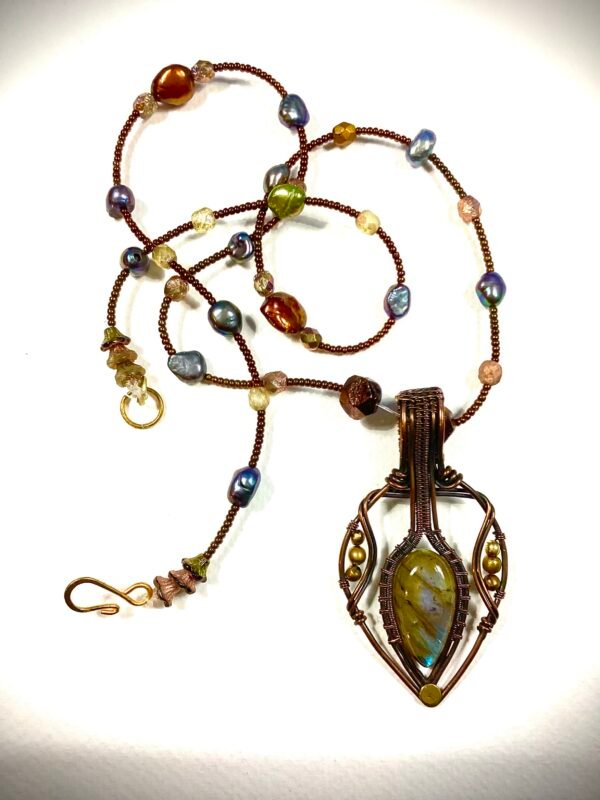 copper wrapped labradorite and pearls