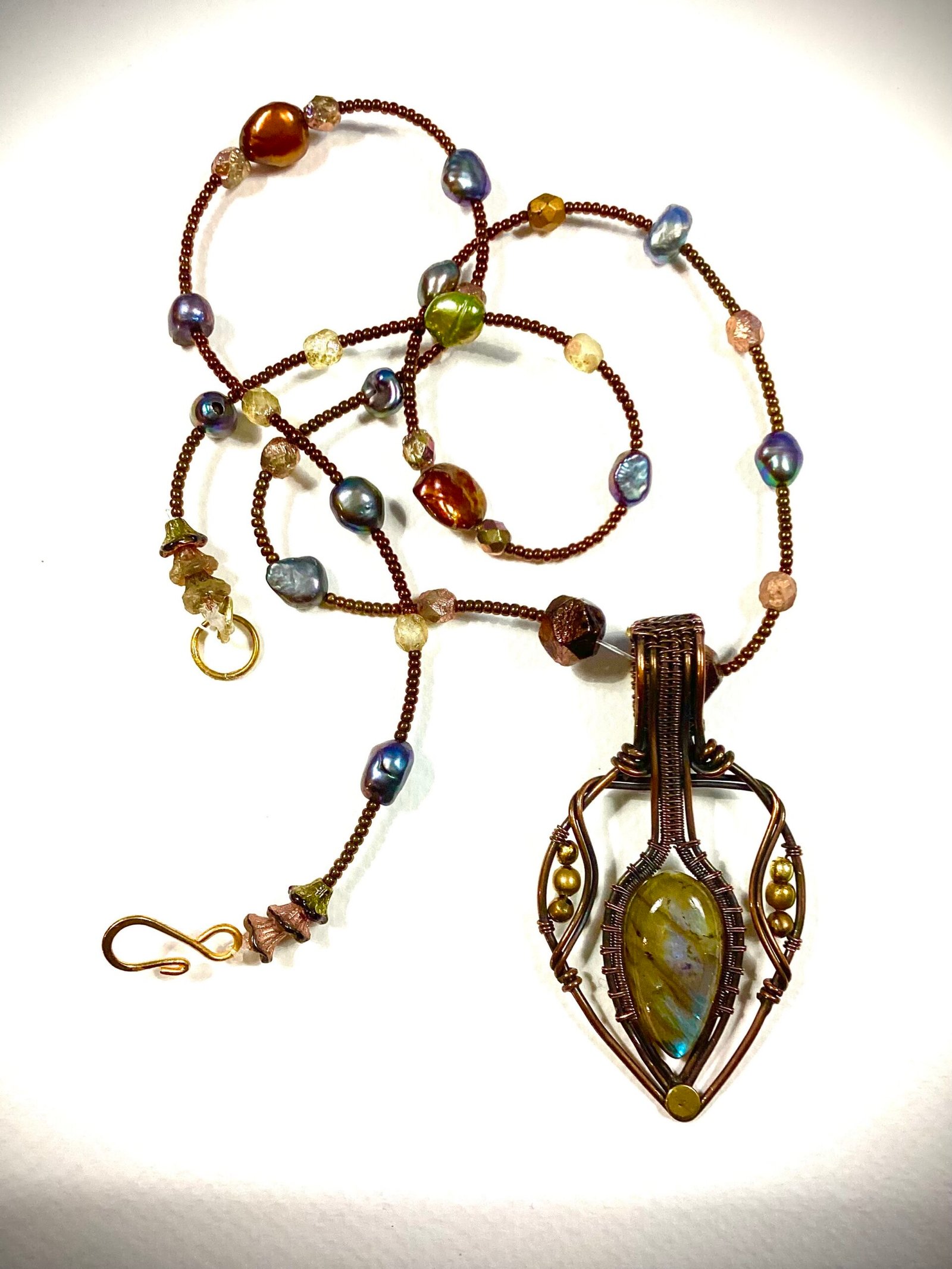 copper wrapped labradorite and pearls