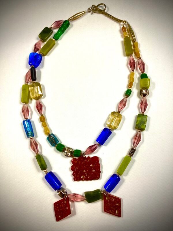 double strand mixed glass beads with red jadeite charms